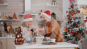 Grandmother bringing wrapper present gift with ribbon on it to granddaughter enjoying christmastime