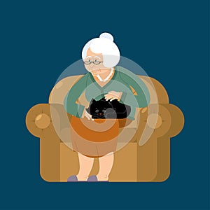 Grandmother and cat sitting on chair. granny cat lady. grandma a