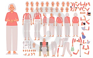 Grandmother character constructor for animation. An elderly woman in various poses and views, gestures and emotions