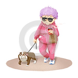 Grandmother with coffee walking a dog. Print