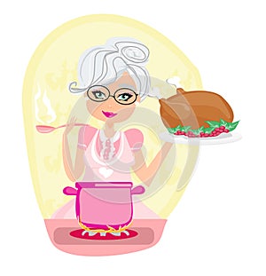 Grandmother cooking soup and serving chicken