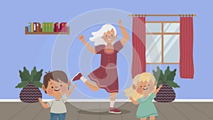 grandmother dancing with kids scene