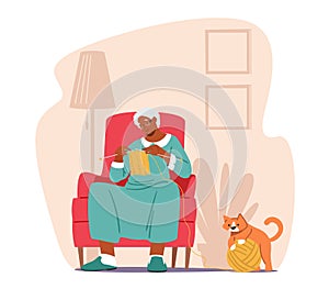 Grandmother Enjoying Knitwork Leisure, Senior Woman Sitting on Armchair in Living Room Knitting Clothing, Aged Hobby