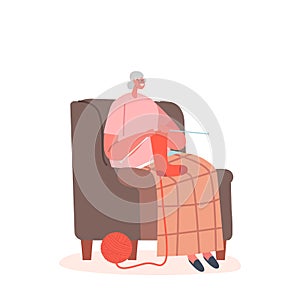 Grandmother Enjoying Knitwork Leisure. Senior Woman Sitting on Armchair in Living Room Knitting Socks, Granny Handcraft