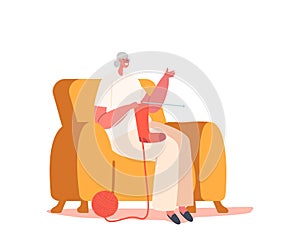 Grandmother Enjoying Knitwork Leisure. Senior Woman Sitting on Sofa in Living Room Knitting Clothing or Socks