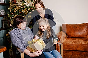 Grandmother giving her granddaughter Christmas gift