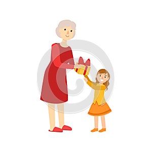 Grandmother Giving Present To Granddaughter, Part Of Grandparent And Grandchild Passing Time Together Set Illustrations