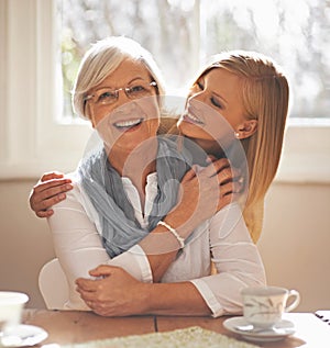 Grandmother, grandchild and happiness for bonding in portrait at nursing home with tea and conversation with love