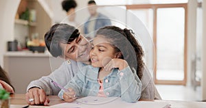 Grandmother, grandchild and homework and smile, helping and learning support at dining table of home. Family, girl child