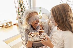 Grandmother and granddaughter celebrating Christmas at home