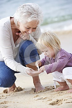 Grandmother And Granddaughter Looking at Shell On Beach Together