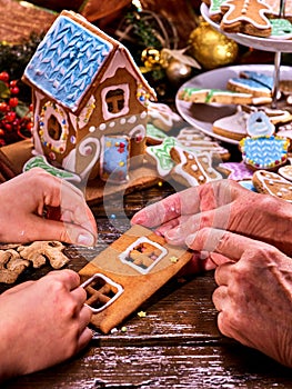 Grandmother and granddaughter make gingerbread house.