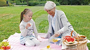 Grandmother and granddaughter at picnic in park