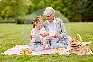 Grandmother and granddaughter at picnic in park