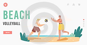 Grandmother and Granddaughter Playing Beach Volleyball Landing Page Template. Happy Family Summer Vacation Leisure