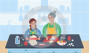 Grandmother and granddaughter preparing meal together. Flat style vector illustration.