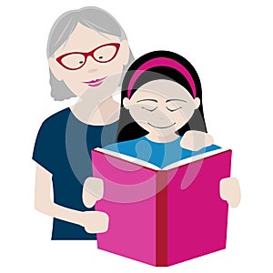 Grandmother and granddaughter reading a book together