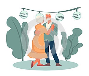 Grandmother and grandfather dancing in park, happy retirement, date