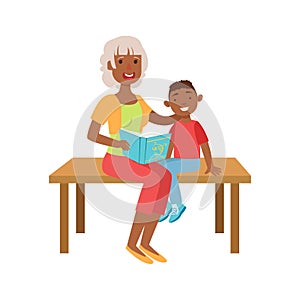 Grandmother And Grandson Reading Book, Part Of Grandparent Grandchild Passing Time Together Set Illustrations