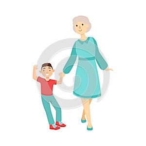 Grandmother And Grandson Walking Holding Hands,Part Of Grandparent Grandchild Passing Time Together Set Illustrations