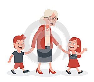 Grandmother and her grandchildren walking