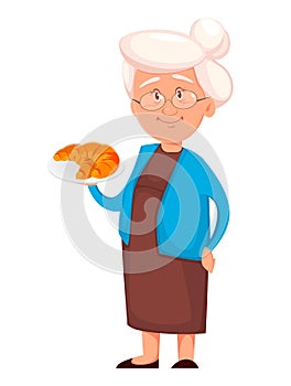 Grandmother holding delicious croissants. Cute cartoon character.
