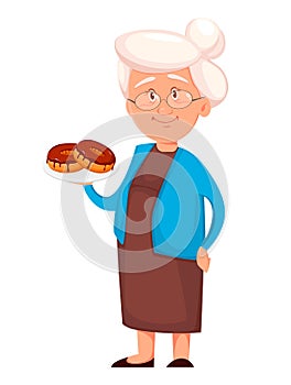 Grandmother holding delicious donuts. Cute cartoon character.