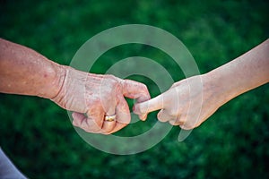 Grandmother holding grandchild hand in nature. National Grandparents Day, family concept. Two generations. The old woman`s hand