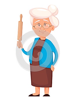 Grandmother holding rolling pin. Cute cartoon character.