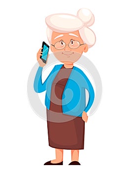 Grandmother holding smartphone. Cute cartoon character.