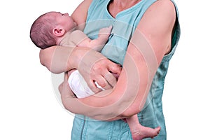 A grandmother holds a newborn baby in her arms, a studio shot, isolated on a white background. Kid age 0 months