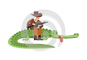 Grandmother is hunter for crocodiles. grandma sits on large alligator trophy with gun. Old woman in australian hat and boots