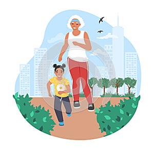 Grandmother jogging with granddaughter in park, vector illustration. Grandparent grandchild relationships.