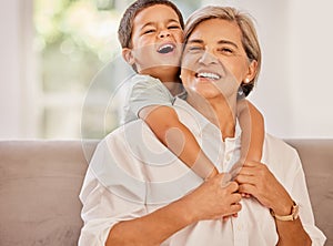 Grandmother, kid and happy family hug bonding together on a home living room couch. Elderly woman, child and smile of