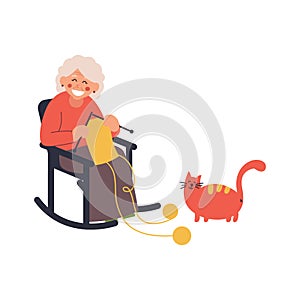 Grandmother knits on a rocking chair with a cat. Vector illustration on white isolated background