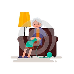 Grandmother knits sitting in a chair. Vector illustration