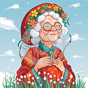 Grandmother Marta on spring field with snowdrops. Baba Marta Day, Martenitsa