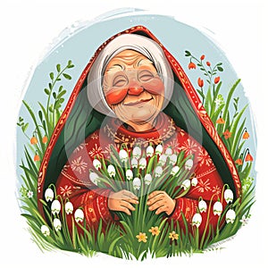 Grandmother Marta on spring field with snowdrops. Baba Marta Day, Martenitsa