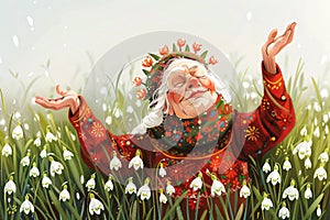 Grandmother Marta on spring field with snowdrops. Baba Marta Day, Martenitsa