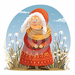 Grandmother Marta on spring field with snowdrops. Baba Marta Day, Martenitsa