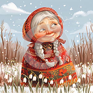 Grandmother Marta on spring field with snowdrops. Baba Marta Day, Martenitsa