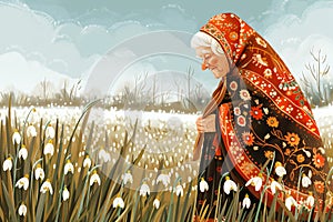 Grandmother Marta on spring field with snowdrops. Baba Marta Day, Martenitsa