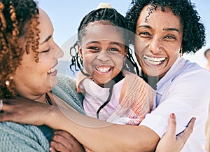 Grandmother, mom and child, portrait on beach holiday in South Africa with love, fun and freedom together. Travel, happy