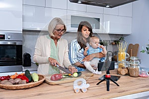 Grandmother mother and baby granddaughter cooking together in kitchen in apartment while mom making a funny faces for child and