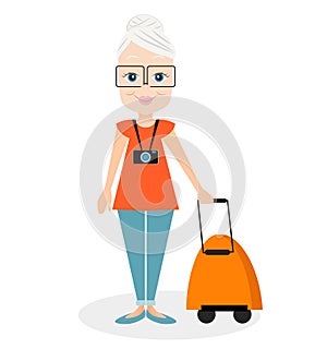 Grandmother with a packsack travel. Travelling with the knapsack. Vector illustration eps 10 isolated on white