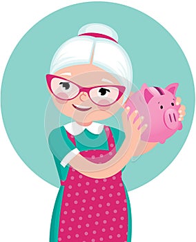 Grandmother a pensioner in an apron shakes a piggy bank