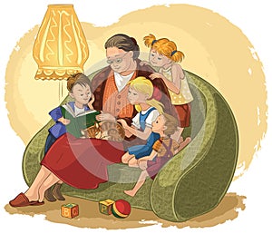 Grandmother reading a book fairy tales for your grandchildren photo