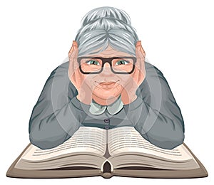 Grandmother reading book. Old woman in glasses placed his hands on an open book