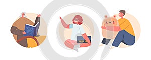 Grandmother Reading Book to Kids Isolated Round Icons or Avatars. Granny with Book Sitting on Chair Vector Illustration
