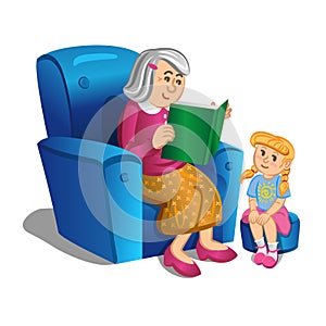 Grandmother reads a book to the girl. Vector